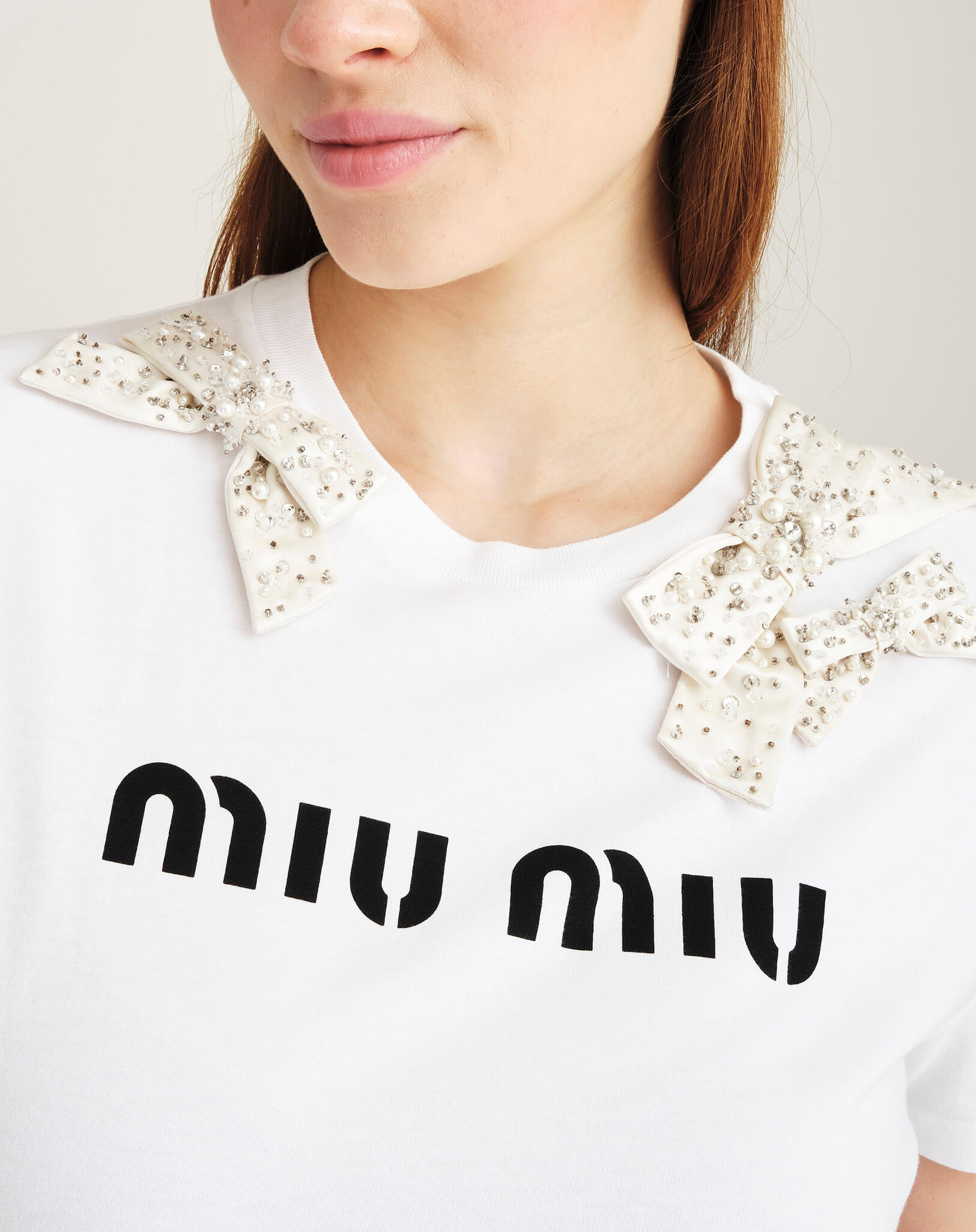 Miu Miu - Embellished Cotton Logo Front Tshirt M